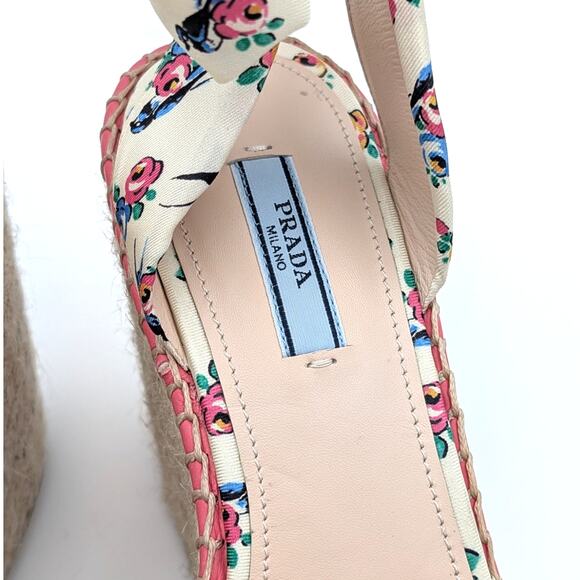 Prada Floral Wedge Espadrille Platform Sandals Self-Tie Accent Size US7.5 EU37.5 - Picture 10 of 13